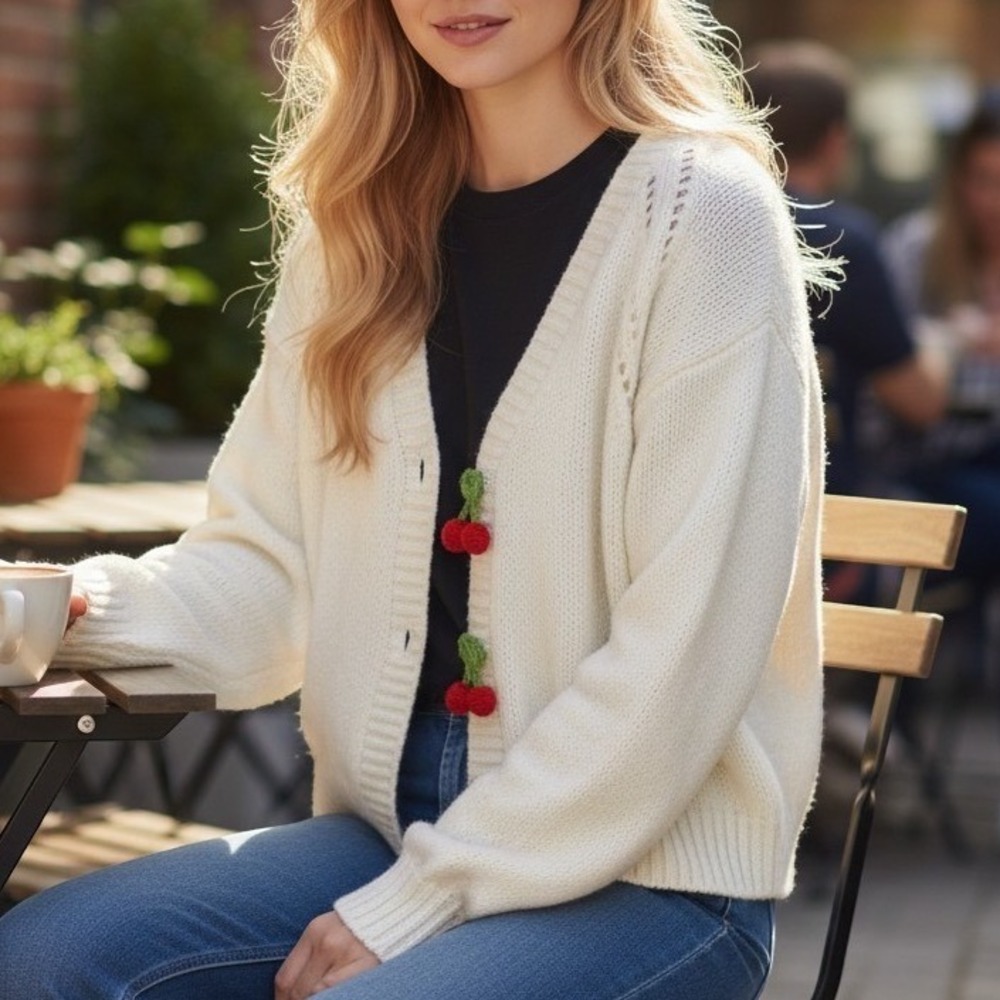 Sincerely Jules Chunky Knit Cherry Button Up Cropped Cardigan White Large